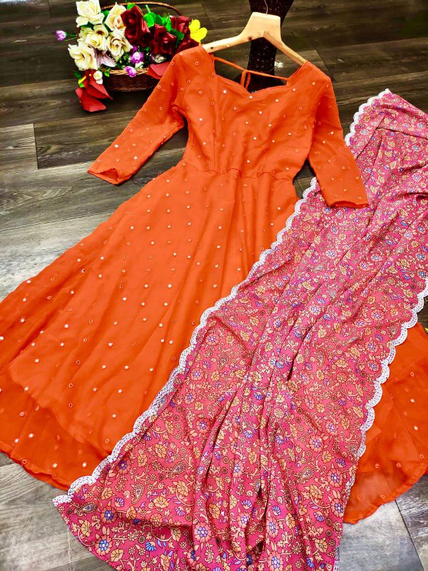Solid Georgette Maxi Dress with finely Curated Embroidery Dupatta » Buy ...